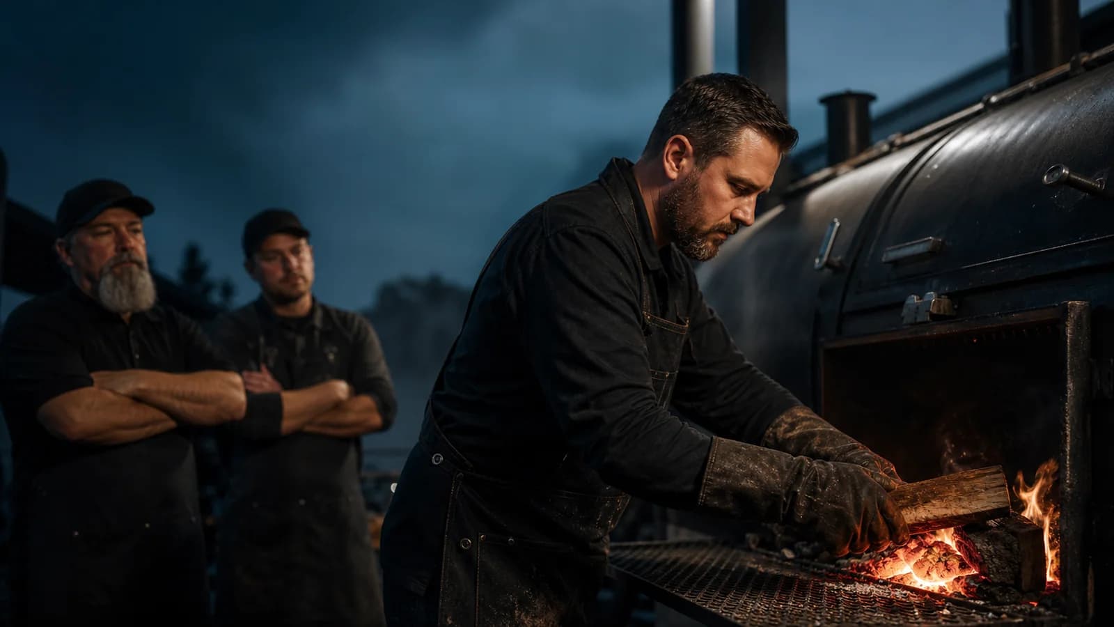 A pitmaster candidate managing a live fire during an evaluation